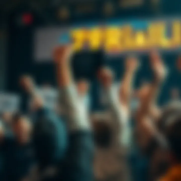 A group of excited people holding signs and cheering with raised fists during a financial rally, showing their confidence and commitment to growth.