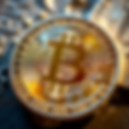 A close-up view of a unique .999 silver and gold Bitcoin from 2013 with its shiny surface reflecting light, showcasing intricate details.