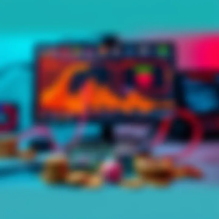 A Raspberry Pi connected to a monitor and power source, with Bitcoin mining software displayed on the screen, surrounded by coins and hardware tools.