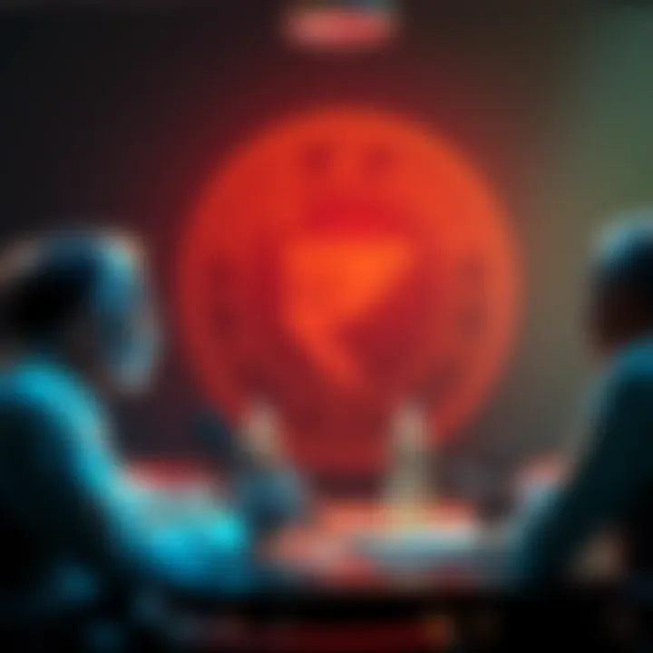 Reserve Bank of India officials discussing cryptocurrency regulations with a digital rupee symbol in the background