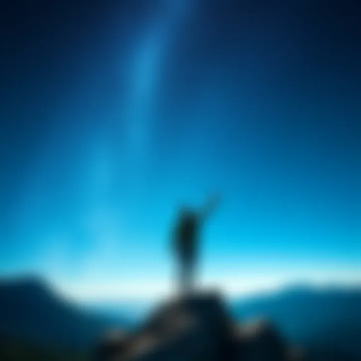 A person standing on a mountain peak, looking up at a clear night sky filled with stars, symbolizing high aspirations and dreams.