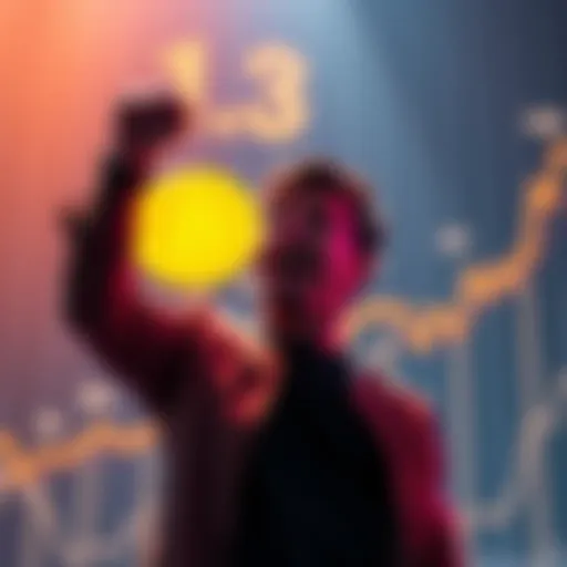 A person celebrating their achievement of owning 1.3 Bitcoin, with a chart showing upward growth in the background.