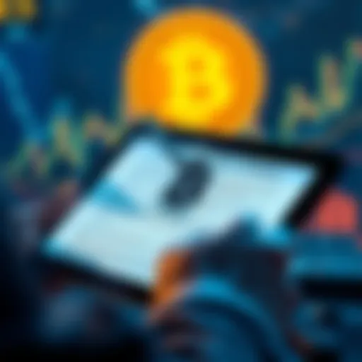 A person reading the Bitcoin whitepaper on a tablet with Bitcoin graphics in the background