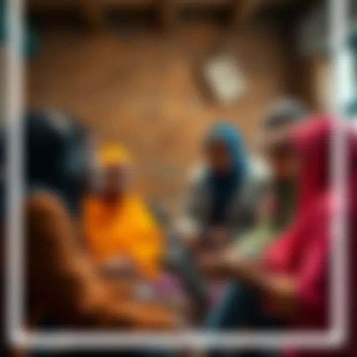 A group of diverse people discussing microfinance opportunities in a community setting, with a focus on technology and loans.