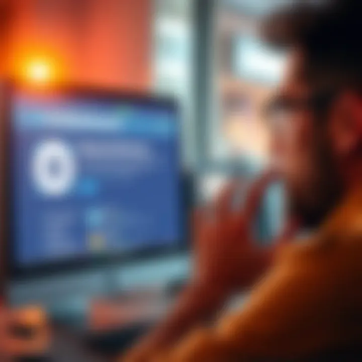 A person looking at a computer screen with wallet recovery tools open, trying to access a legacy Blockchain.info wallet, showing frustration and determination.