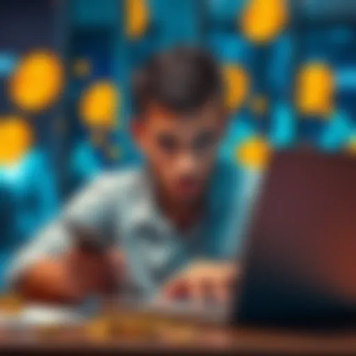 A person looking worried while trying to access a Bitcoin wallet on a laptop, with digital currency symbols in the background.