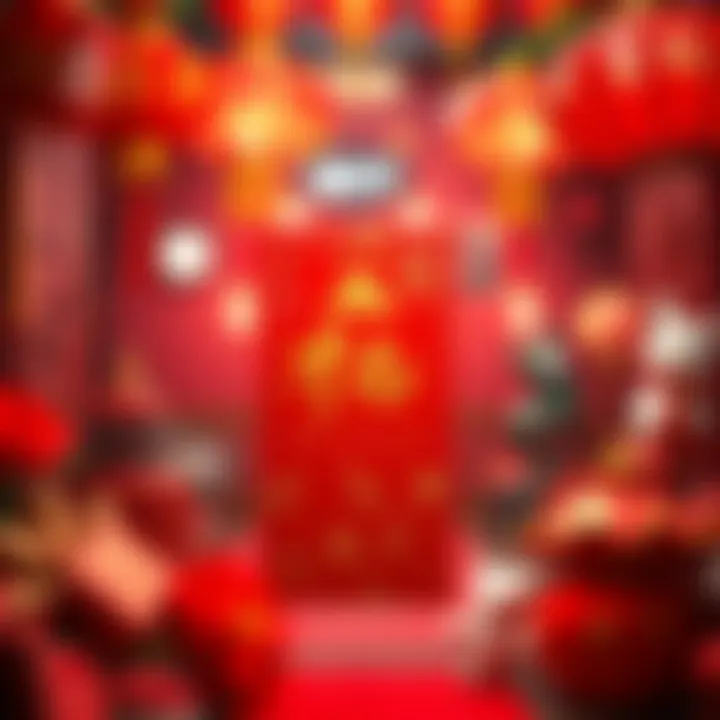 A vibrant red packet symbolizing good luck, surrounded by festive decorations for Chinese New Year.