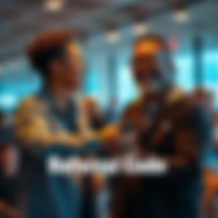 Two people exchanging referral codes with smiles, showing a sense of community and mutual support.