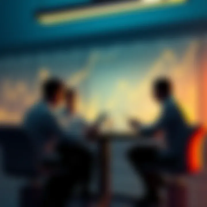 A group of people discussing crypto investments around a table, with charts and graphs in the background, symbolizing the lessons learned from Cryptoland.