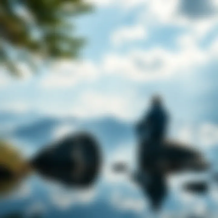 Reflection in Nature A person sitting on a rock by a lake, gazing at the water, symbolizing contemplation and self-reflection.