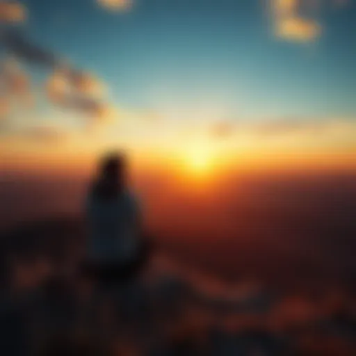 A person sitting on a hilltop at sunset, contemplating life's important questions.