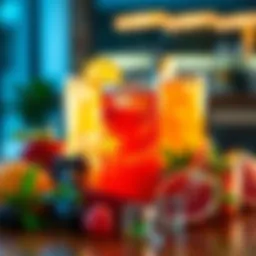 Refreshing energy drink on a table A cold can of energy drink surrounded by fresh fruits and ice cubes