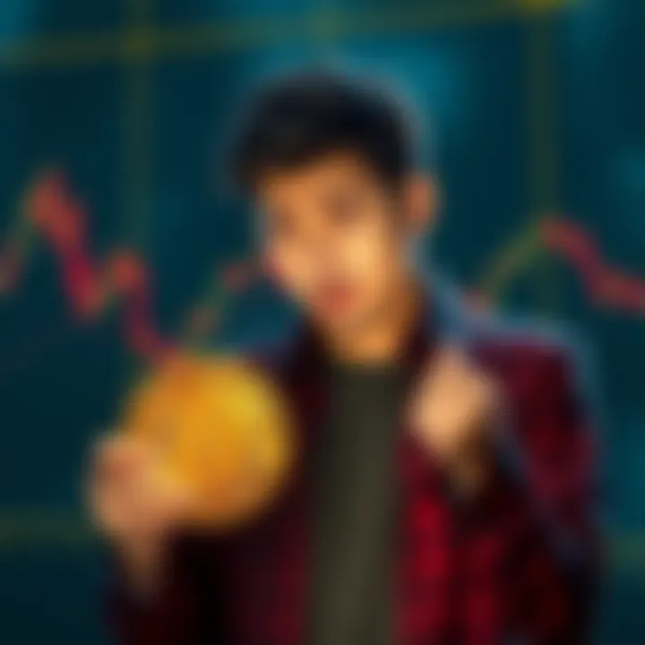 Regretful Investor Holding Bitcoin A worried individual looking at a Bitcoin symbol, reflecting on their investment loss, with a backdrop of financial charts showing downward trends.