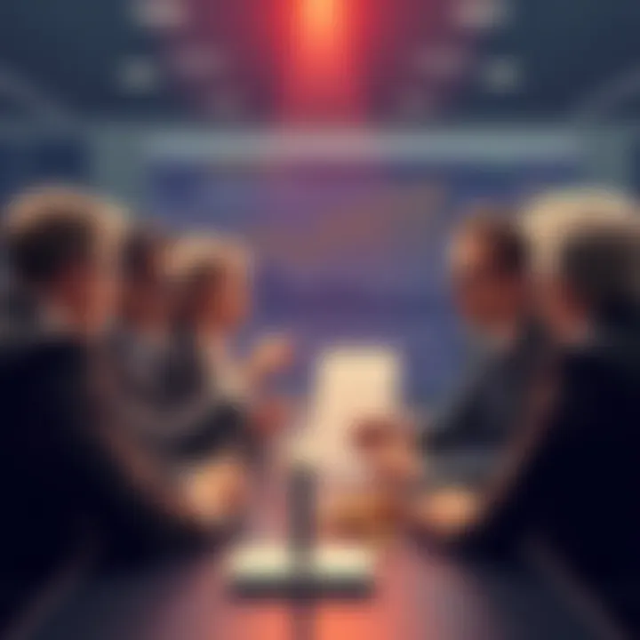 A group of businesspeople discussing cryptocurrency regulations with charts and graphs in the background, symbolizing the Clarity Act's impact on Wall Street.