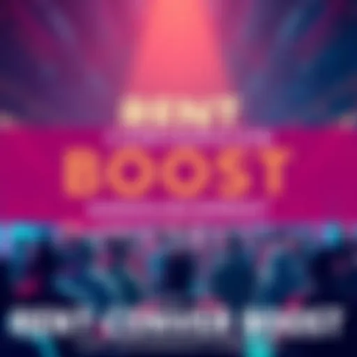 A digital banner announcing the start of the Rent Conversion Boost event, with bold text and vibrant colors, creating excitement among people.