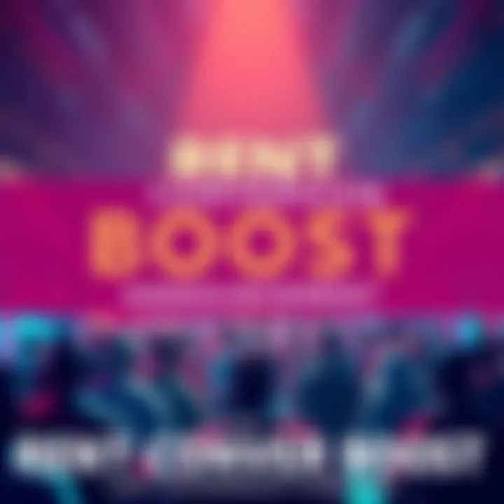 A digital banner announcing the start of the Rent Conversion Boost event, with bold text and vibrant colors, creating excitement among people.