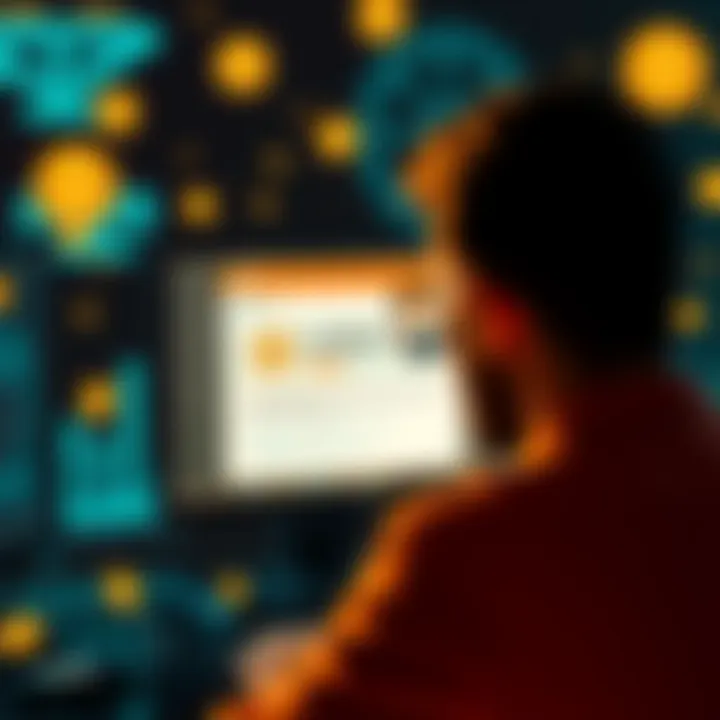A person looking at a computer screen showing a forum post asking for 0.000013 Bitcoin, surrounded by cryptocurrency symbols.