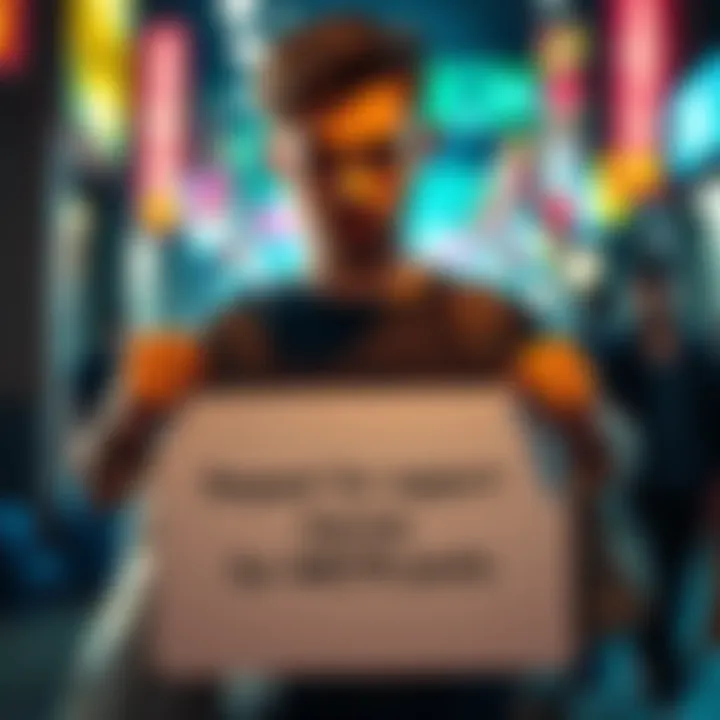 A person holding a sign asking for support to gather karma points for MSTR posts, with a determined expression.