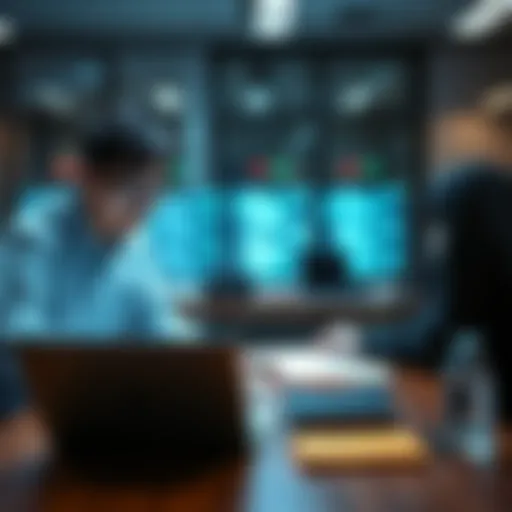 Two people discussing a research project with a laptop and notebooks on a table, focusing on coding and backend systems.