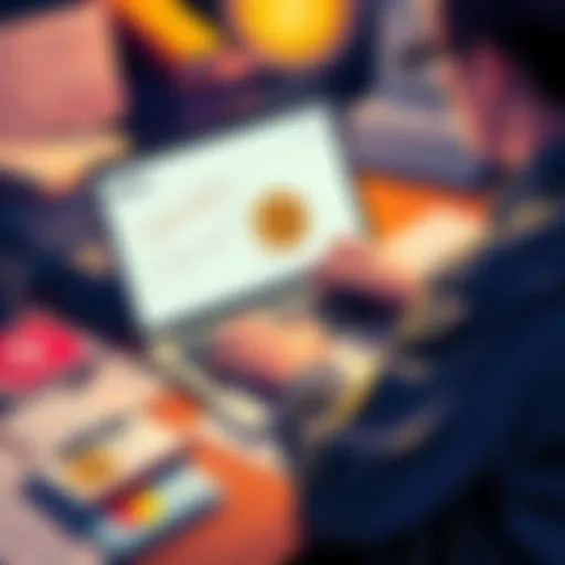 A person looking at charts and articles about Bitcoin on a laptop, surrounded by notes and books