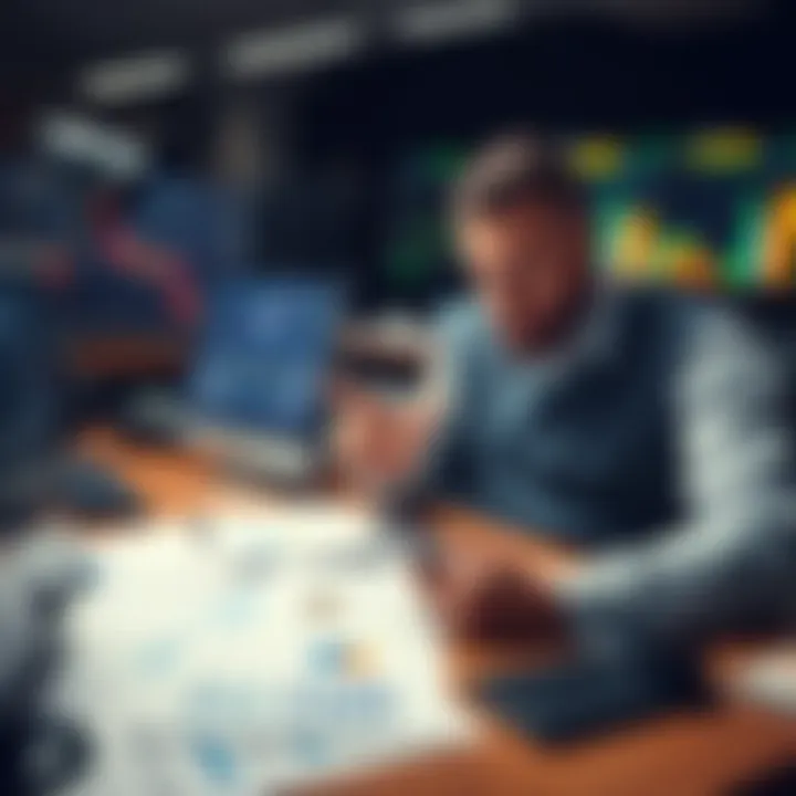 A retail investor comparing stocks and cryptocurrency with charts and graphs on a desk.