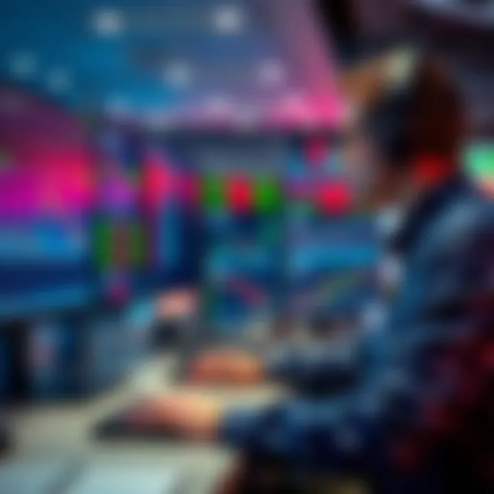 Retail trader analyzing market data A retail trader at a desk, looking at financial charts and data on multiple screens, trying to compete with institutional traders