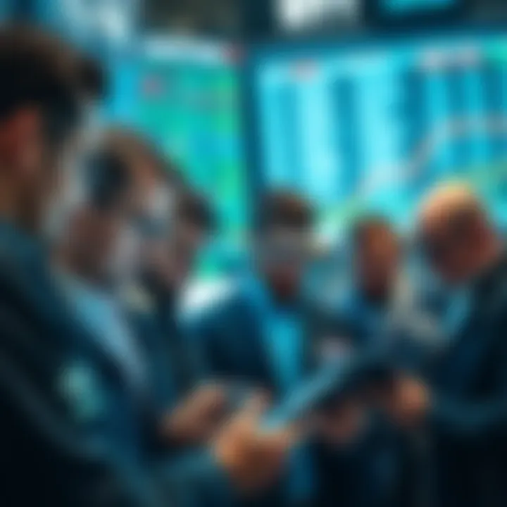 A group of retail traders reviewing comments on a digital device to gauge market sentiment.