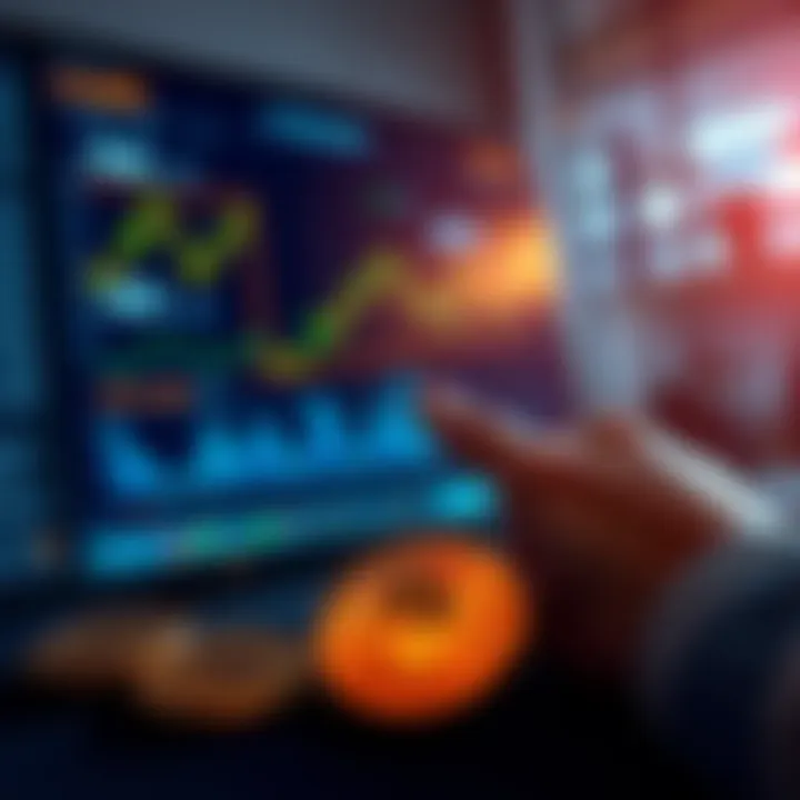 A person analyzing charts and graphs on a computer screen, looking at the potential gains from rETH for long-term staking, with ETH coins in the foreground.