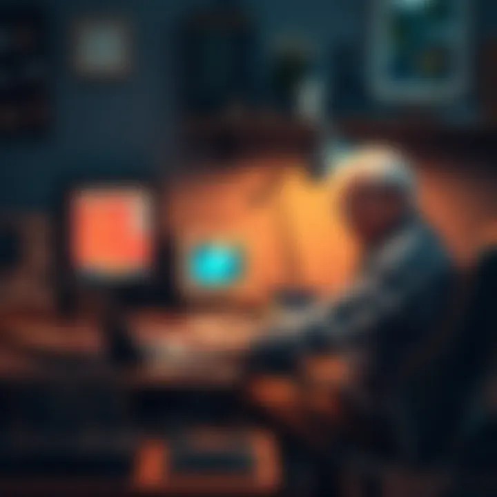 Retired person learning Rust programming A retired individual sits at a desk with a laptop, exploring Rust programming with a guide. Around them are projects like a pool monitor and retro computer parts.