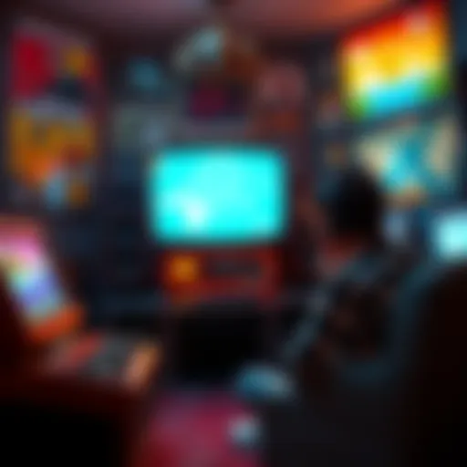 A classic gaming scene showing a console and a player engaged in playtime rewards, surrounded by vintage video game posters