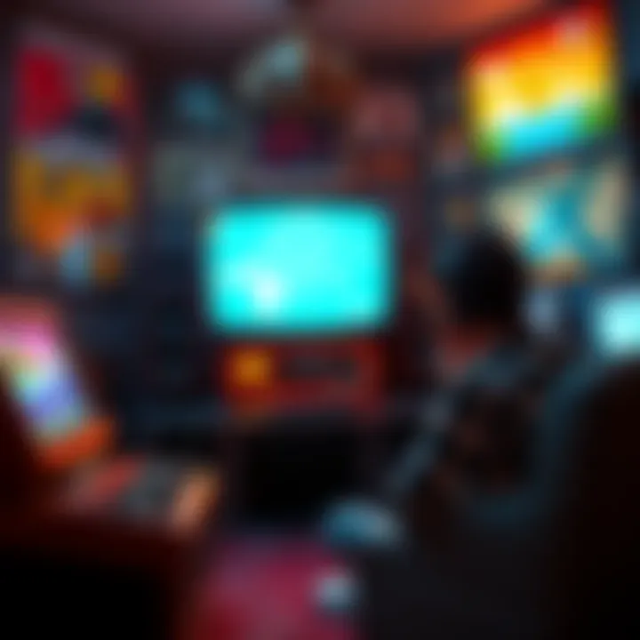 A classic gaming scene showing a console and a player engaged in playtime rewards, surrounded by vintage video game posters