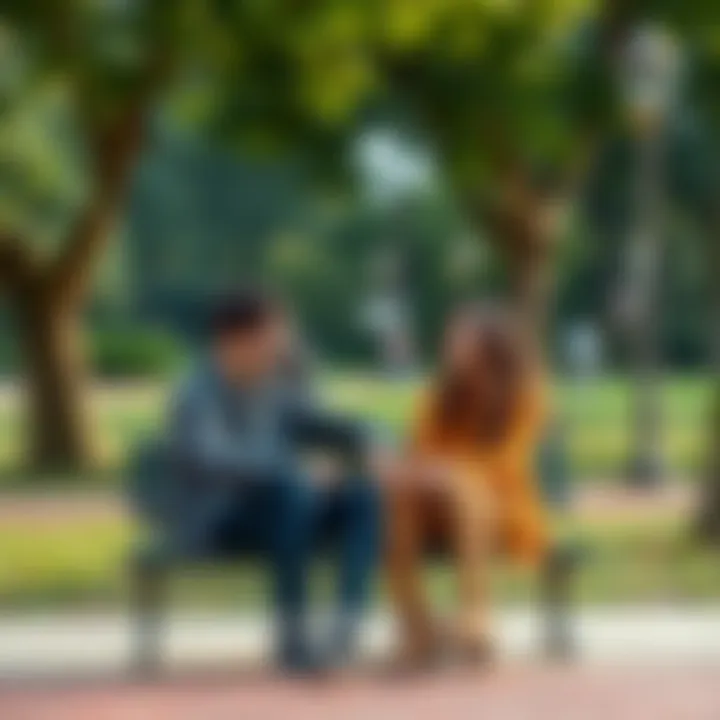 A couple sitting together at a park, talking and smiling, suggesting a fresh start after time apart.