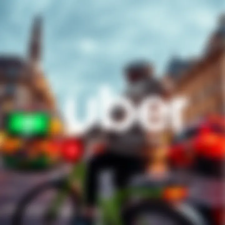 Person riding a Lime bike in London with Revolut and Uber logos in the background