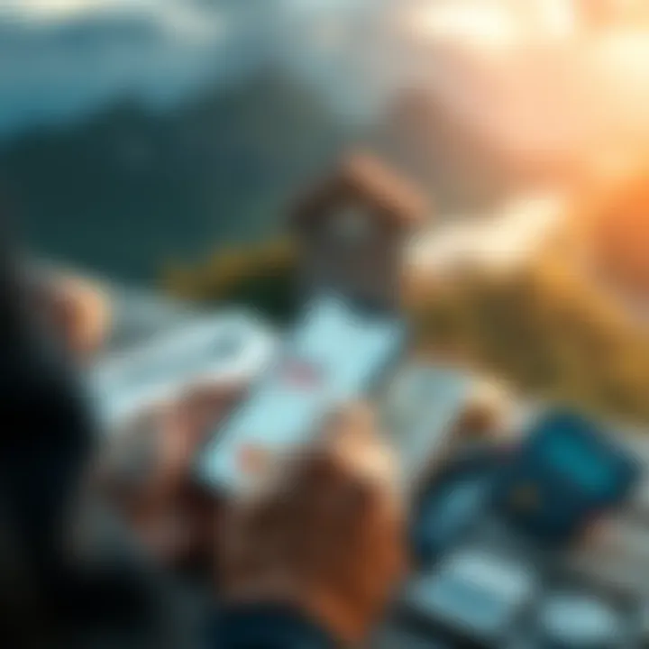 A person using the Revolut Ultra app on a smartphone, comparing features with a notebook and calculator, set against a backdrop of Swiss currency and scenic mountains