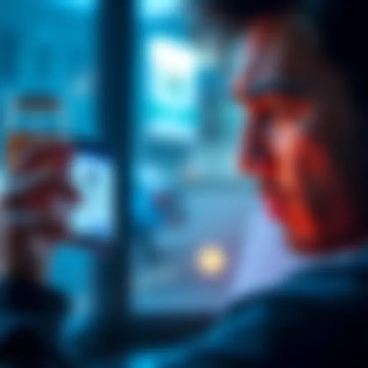 A person looking frustrated while using a smartphone with a Revolut app showing an account freeze notice, alongside a notification about fees.