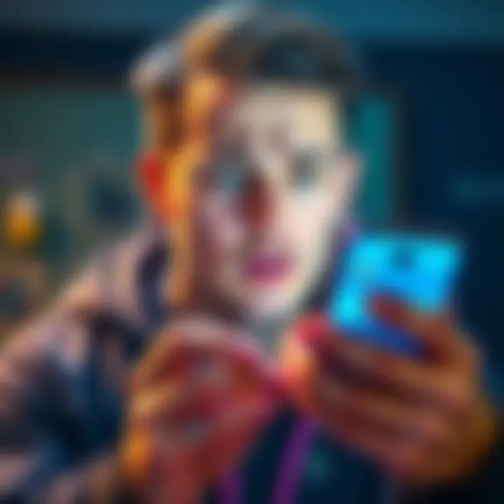 A person looking worried while checking their phone displaying a Revolut account with a notification about restrictions after P2P transfers.