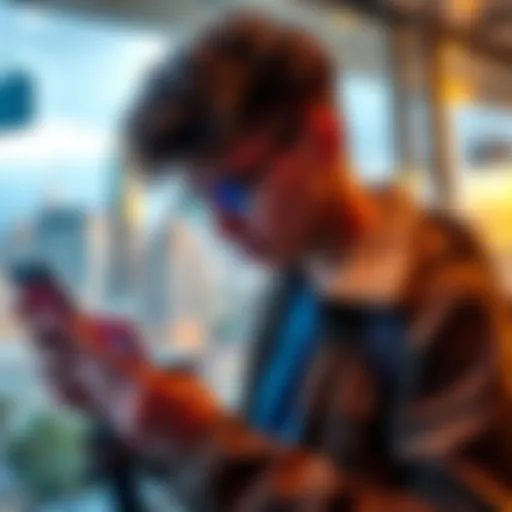 A person exploring travel expenses and banking options on a smartphone with a city view in the background.