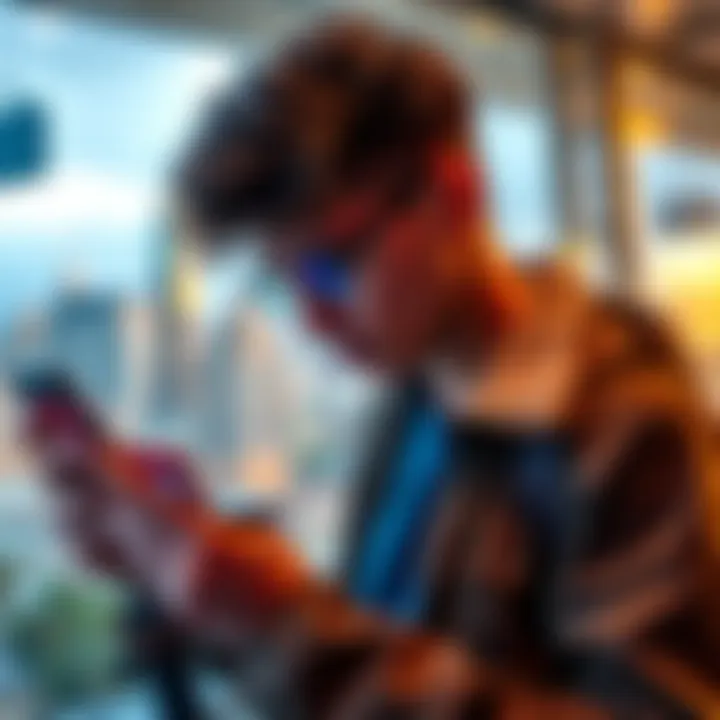 A person exploring travel expenses and banking options on a smartphone with a city view in the background.