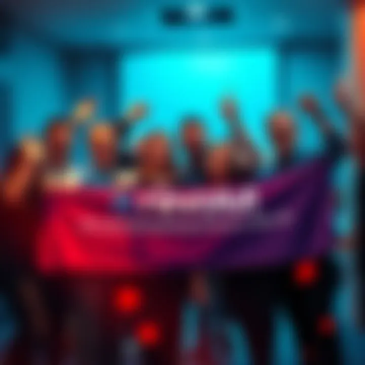 Revolut team celebrating the achievement of their full banking license in the UK with smiles and a banner.