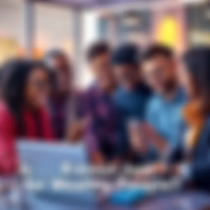 A group of diverse people discussing banking options with a laptop and mobile phone showing the Revolut app