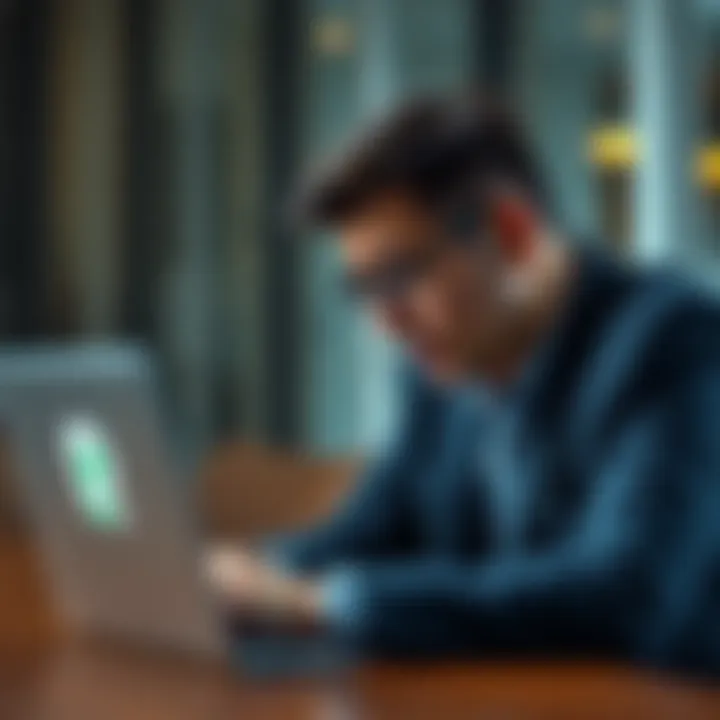 A businessperson looking frustrated while checking a laptop with a Revolut logo on the screen
