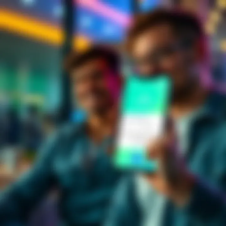 Revolut Business Bonus A person holding a phone with the Revolut app showing a referral bonus notification while another person looks on with a smile.