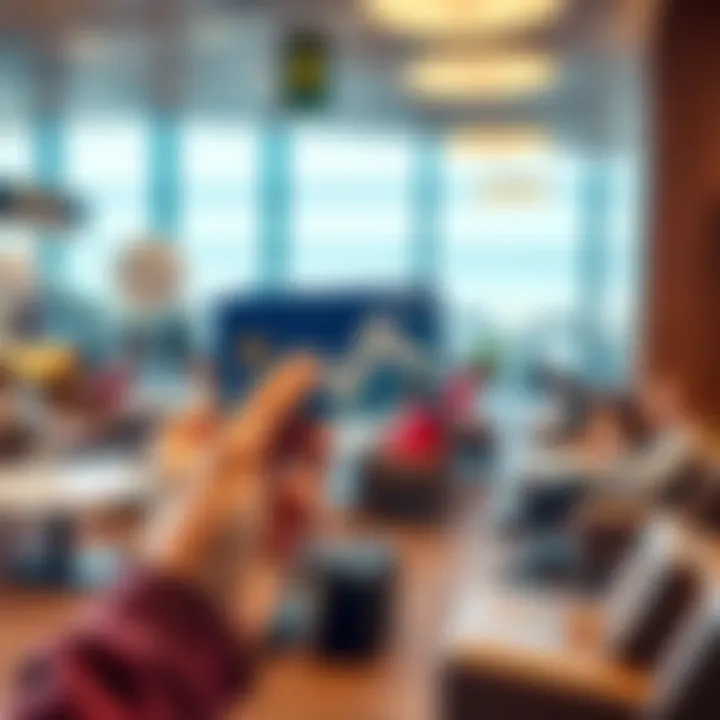 A person holding a Revolut credit card at an airport lounge, with comfortable seating and travelers around