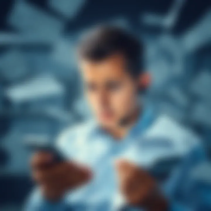 Customer Support Concerns at Revolut A person looking frustrated while using a smartphone, surrounded by financial documents, symbolizing customer support issues with Revolut.