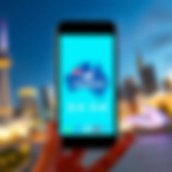 A smartphone displaying the Revolut app interface with Australian landmarks in the background.