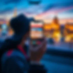 A traveler holding a phone showing the Revolut app with flight images in the background