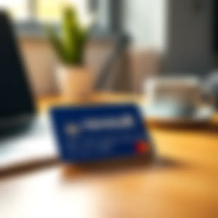 A close-up of a Revolut rewards card on a desk with a laptop and a coffee cup in the background.