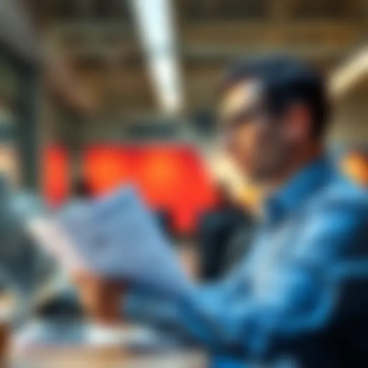 An employee reviewing stock options documents related to their case against Revolut in a German office setting.