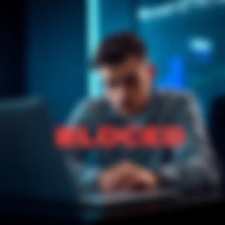 A frustrated customer looking at a blocked account screen on a laptop, with a worried expression on their face.