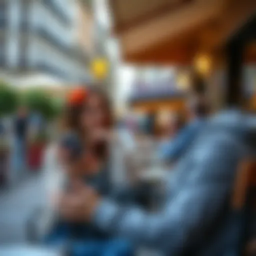 A satisfied Revolut user enjoying an outdoor cafe in a European city, reflecting on their positive experiences with the service while showing their phone with the Revolut app open.